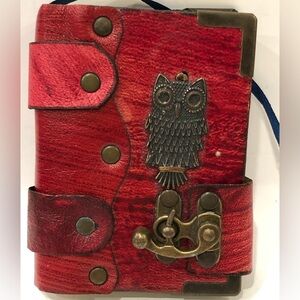 Real leather-bound journal w bronze OWL emblem & brass latch closure Vintage New